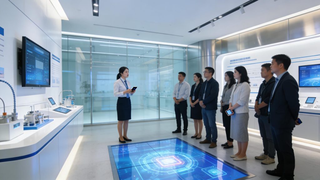 讲解员使用分区讲解系统给一群访客讲解