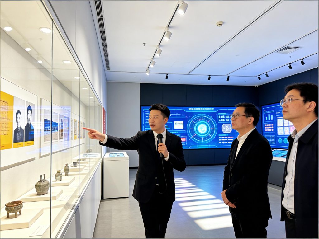 博物馆讲解员使用分区讲解麦克风对游客进行讲解