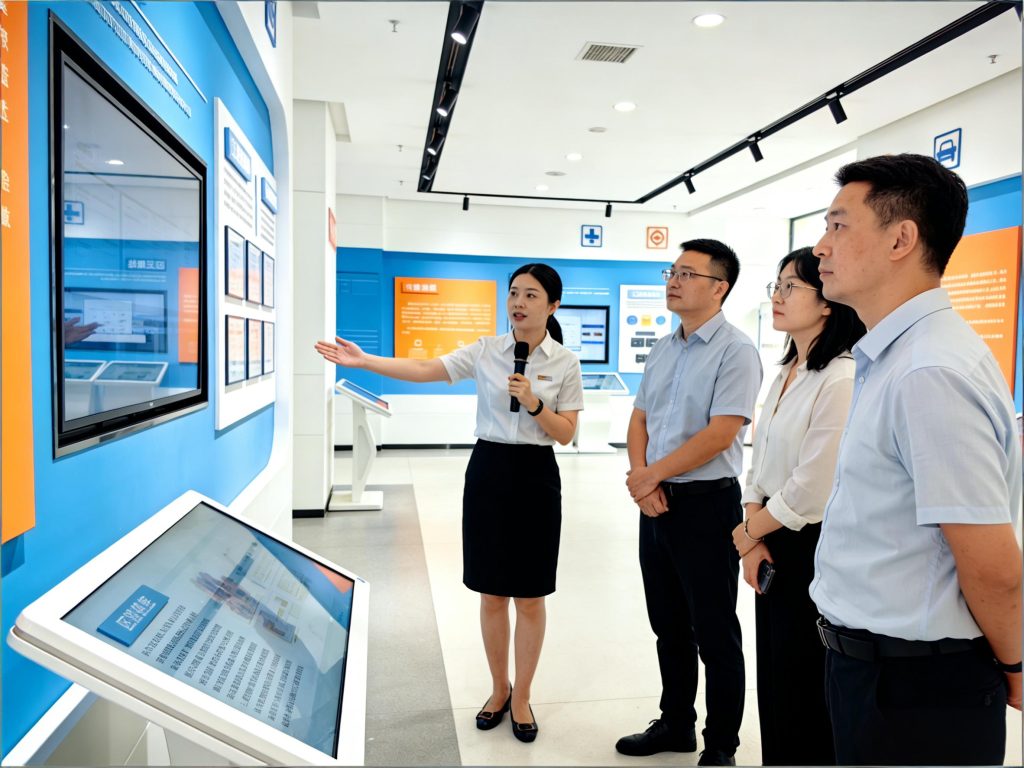 某企业展厅讲解员正在使用分区讲解系统为参观人员讲解